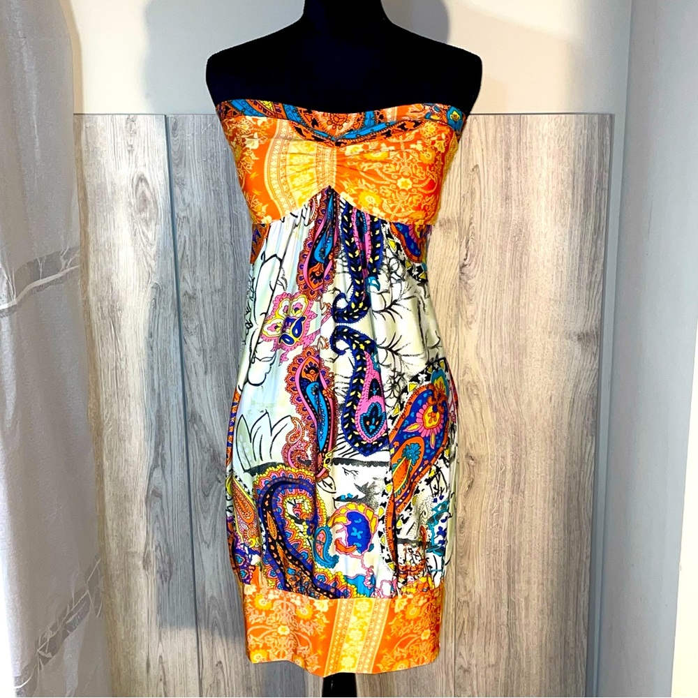 Karlie Y2K Orange Blue White Strapless Sundress Resort Wear Size L